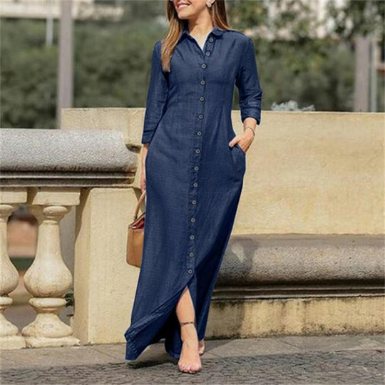Damen Maxikleid Hemdblusenkleid mit Knopfleiste und Seitentaschen EB