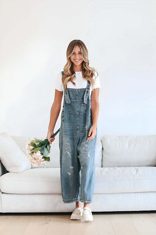 Damen nan lässige verwaschene Latzhose aus Jeansstoff mit Rissen und weitem Bein EB