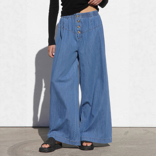 Damen weite Denim-Hotpants mit elastischem Bund und Knopfdetails EB
