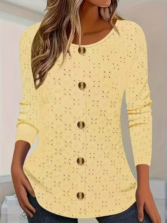 Damen Langarm Blusenshirt mit dekorativen Knopfdetails und filigranem Lochmuster EB