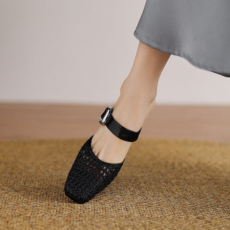 Damen elegante Mules mit modischem Geflecht und komfortablem Blockabsatz EB