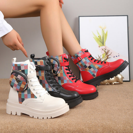 Damen modische Schnürstiefeletten mit buntem Riemendesign und praktischer Seitentasche EB