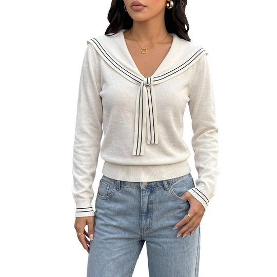 Damen Maritimer Strickpullover mit Matrosenkragen und Zierknoten EB