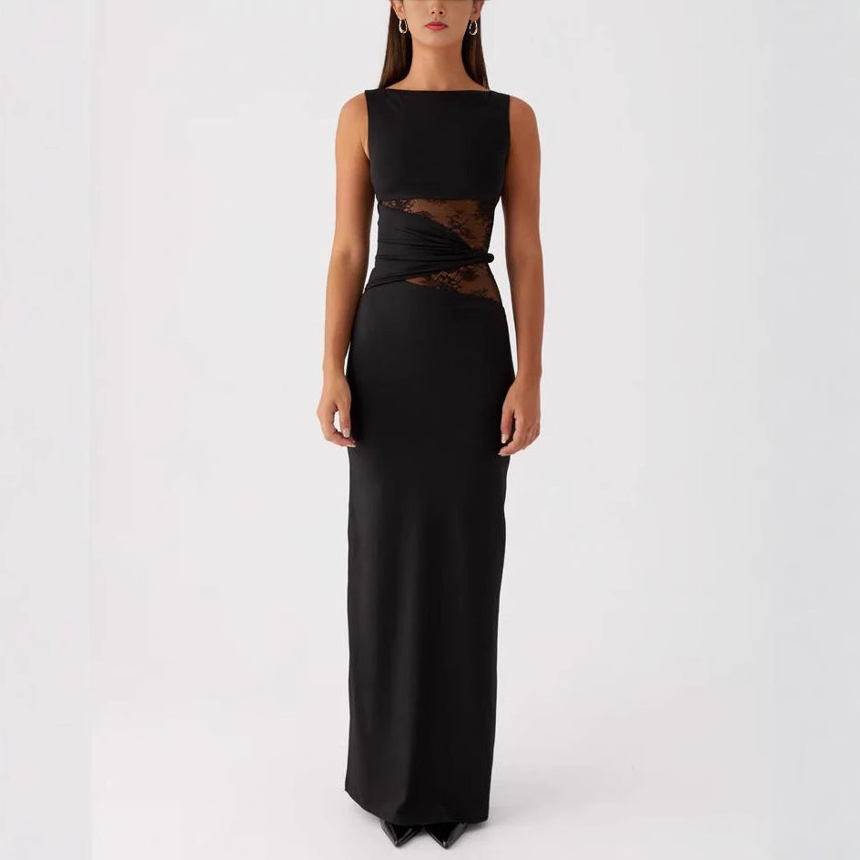 Damen Elegantes Maxikleid mit transparenter Spitze und figurbetontem Schnitt EB