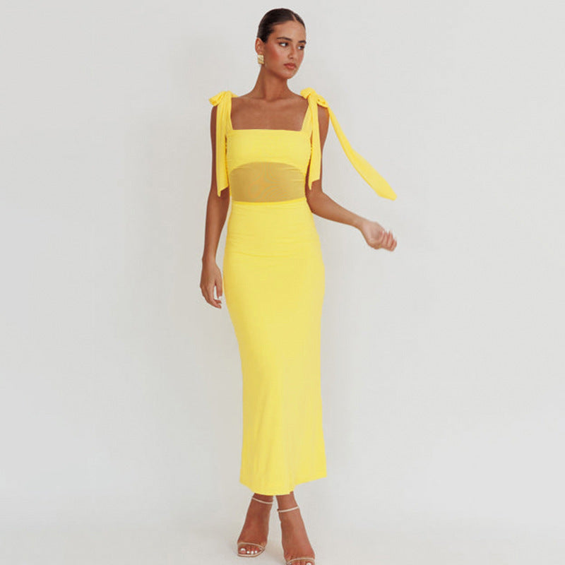 Damen elegantes Maxikleid mit transparenter Spitze und Schulterbändern EB