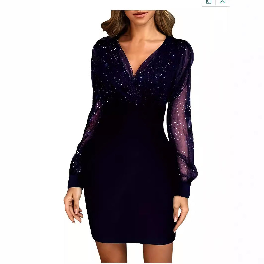 Damen Glitzerndes Cocktailkleid mit transparenten Ärmeln EB