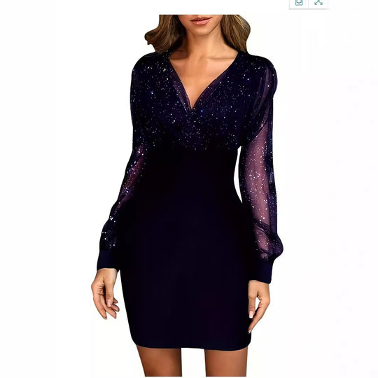Damen Glitzerndes Cocktailkleid mit transparenten Ärmeln EB