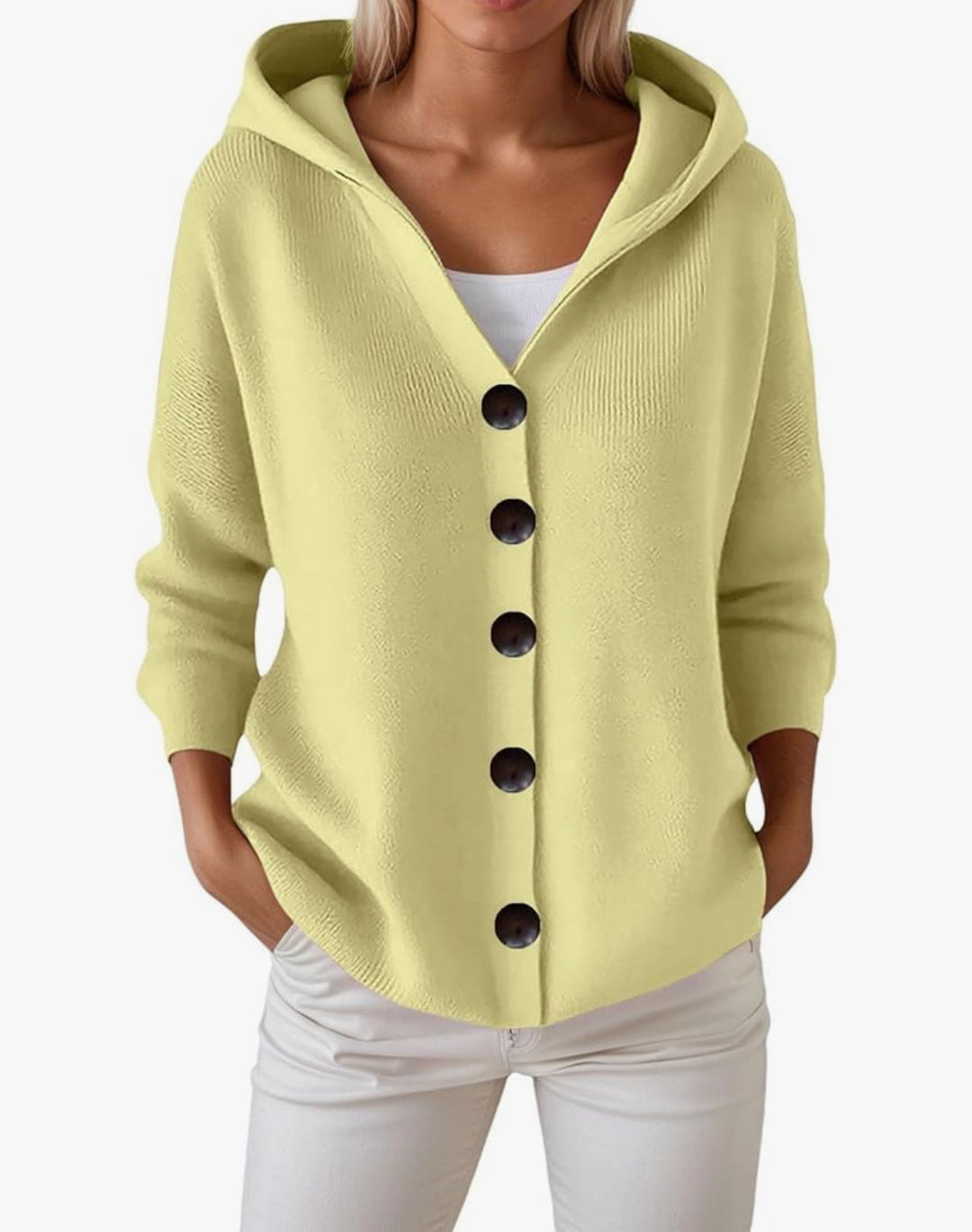 Damen Kapuzen-Strickjacke mit großen Holzknöpfen und seitlichen Eingrifftaschen EB
