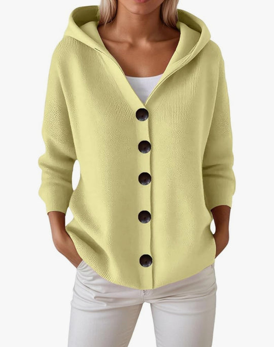 Damen Kapuzen-Strickjacke mit großen Holzknöpfen und seitlichen Eingrifftaschen EB