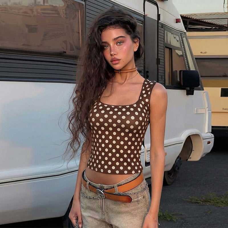 Damen Polka-Dot Cropped-Top mit quadratischem Ausschnitt und elastischem Bund EB