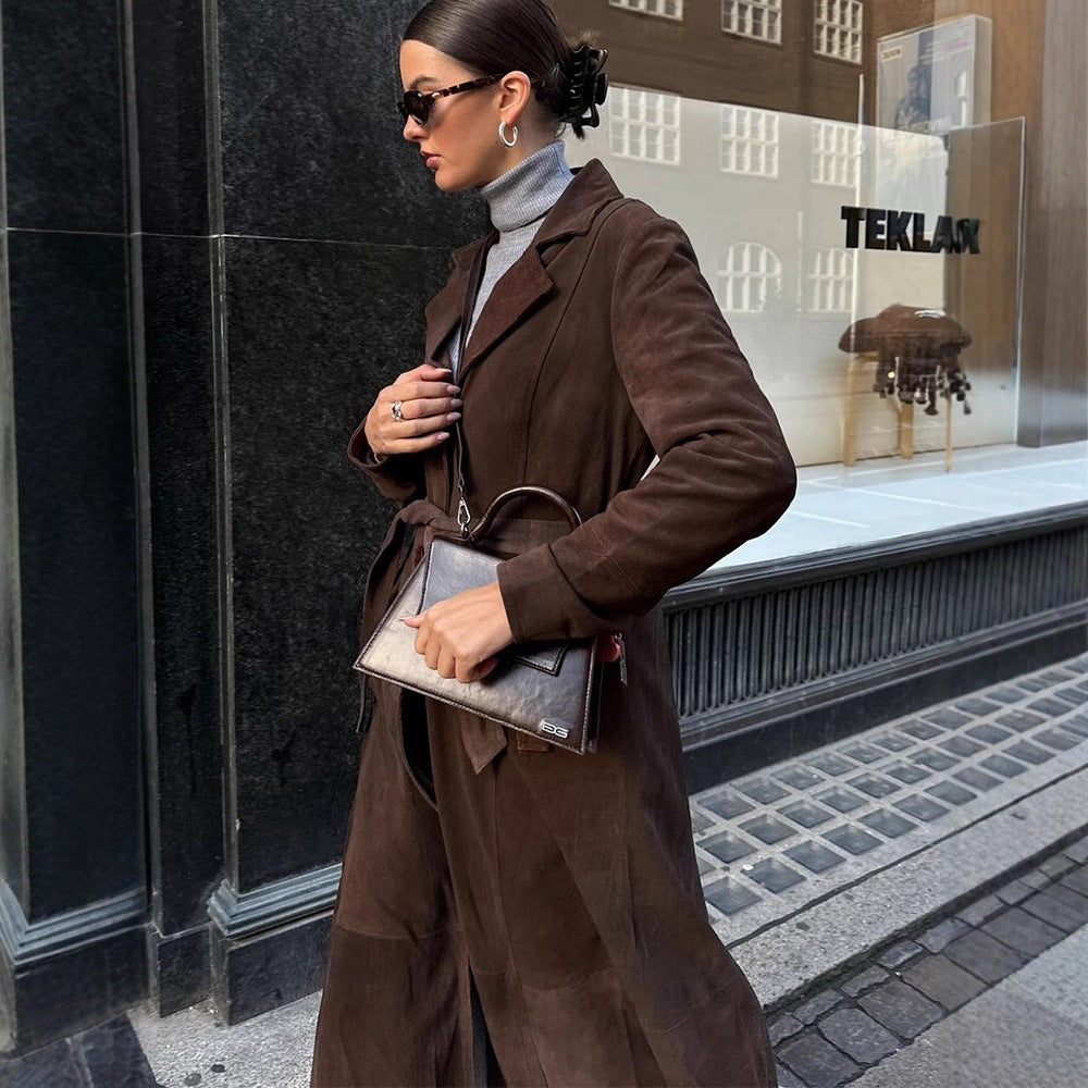 Damen Eleganter Wildledermantel mit Taillengürtel EB
