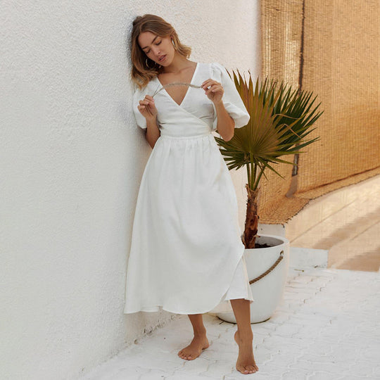 Damen Lässiges Leinenkleid mit Ballonärmeln und Tailliertem Gürtel EB