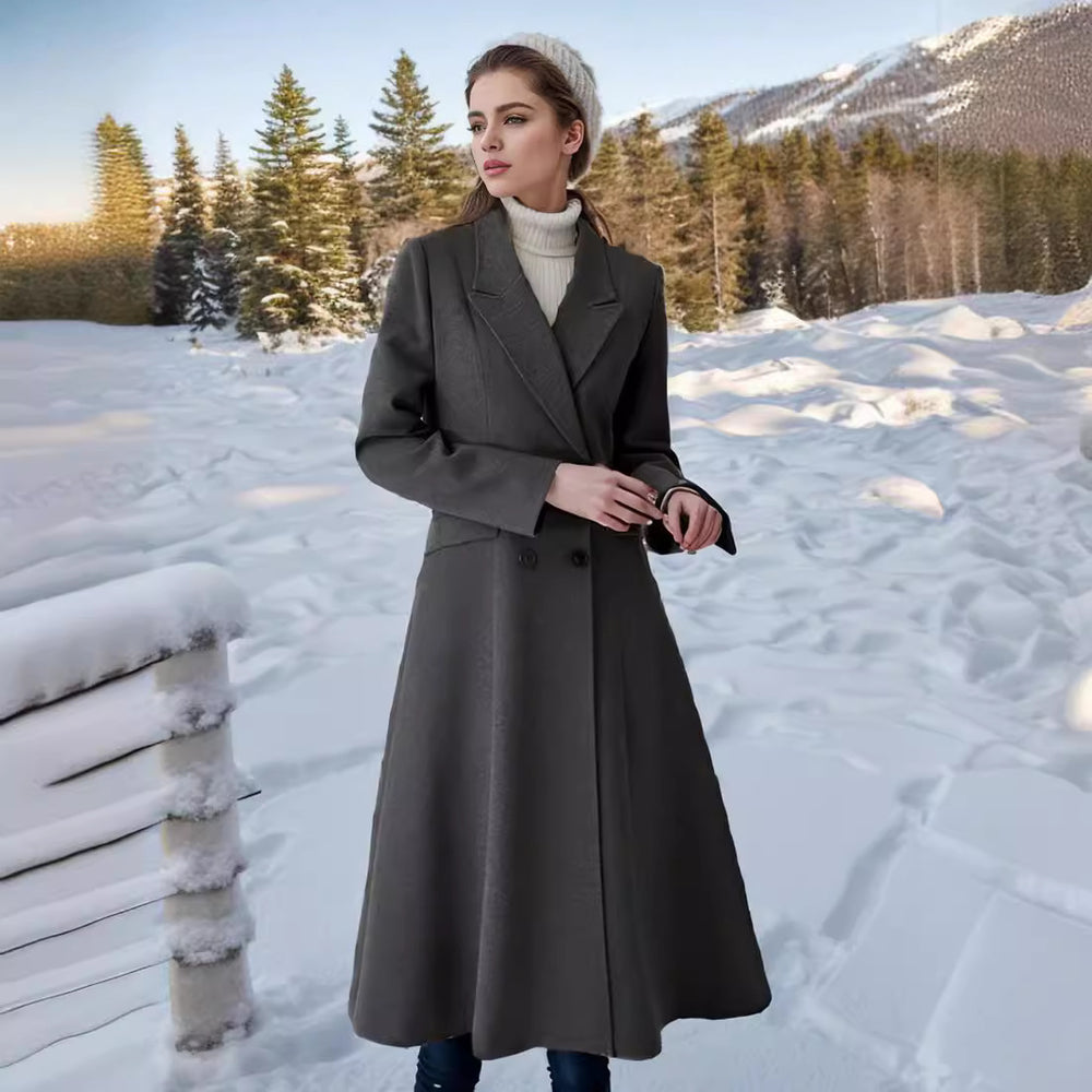 Damen eleganter Langmantel mit doppelter Knopfreihe und seitlichen Eingrifftaschen EB