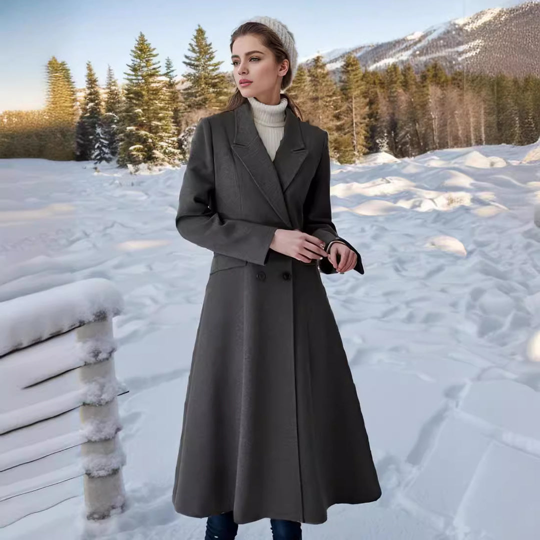 Damen eleganter Langmantel mit doppelter Knopfreihe und seitlichen Eingrifftaschen EB