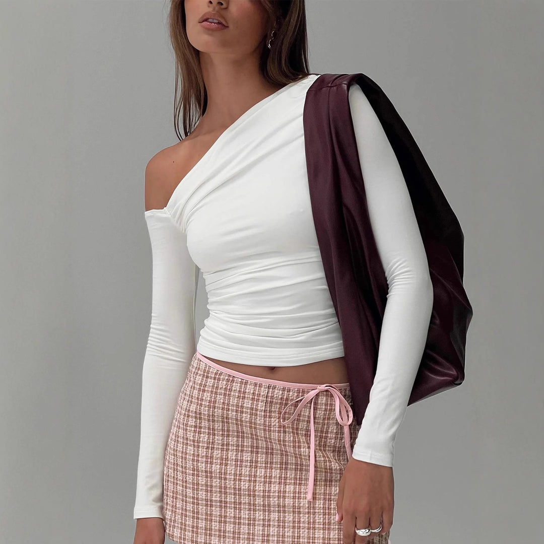 Damen Off-Shoulder Raffungsshirt mit langen Ärmeln und elegantem Design EB