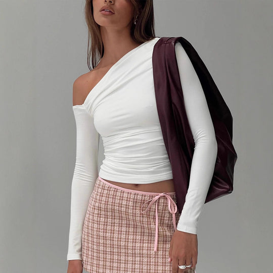 Damen Off-Shoulder Raffungsshirt mit langen Ärmeln und elegantem Design EB