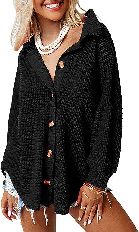 Damen lässige Waffle-Hemdenjacke mit Knopfverschluss EB