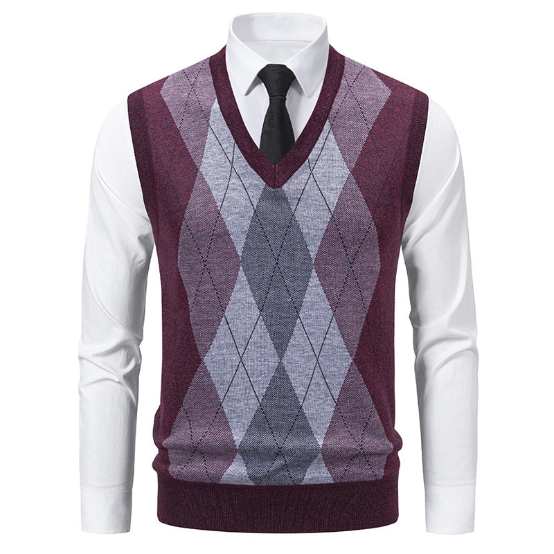 Herren V-Ausschnitt Strickpullover mit elegantem Rautenmuster EB