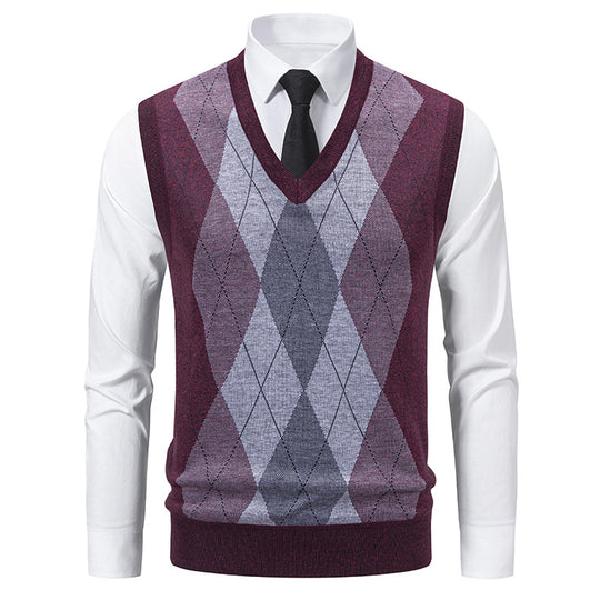 Herren V-Ausschnitt Strickpullover mit elegantem Rautenmuster EB