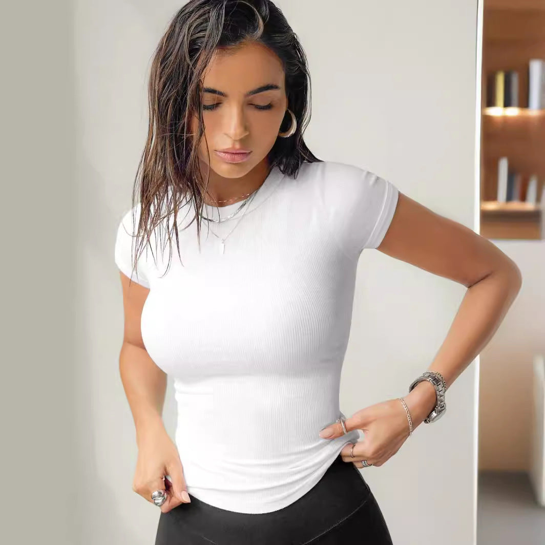 Damen figurbetontes Rippenshirt mit kurzen Ärmeln und Rundhalsausschnitt EB