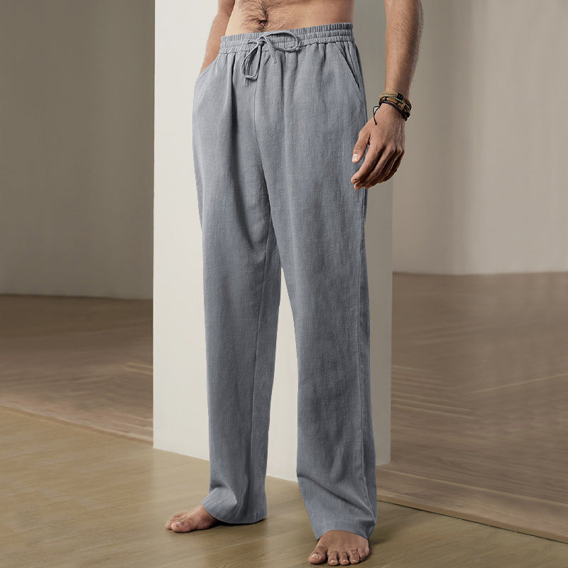 Herren nan weiche Leinen-Baumwoll Loungehose mit elastischem Tunnelzugbund, Seitentaschen und entspanntem geradem Bein EB