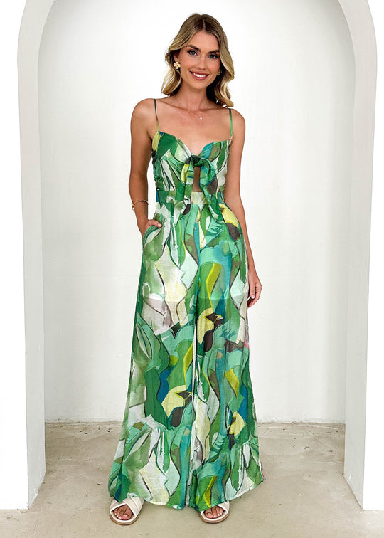 Damen Jumpsuit mit verspieltem Knotendetail und farbenfrohem Muster EB