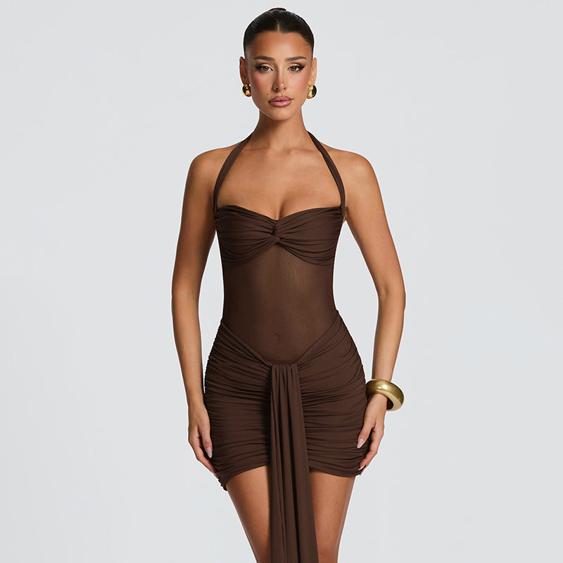 Damen Strandkleid mit raffiniertem Wickeldesign und charmanten Rüscheneffekt EB