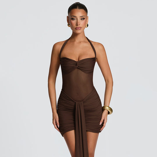 Damen Strandkleid mit raffiniertem Wickeldesign und charmanten Rüscheneffekt EB