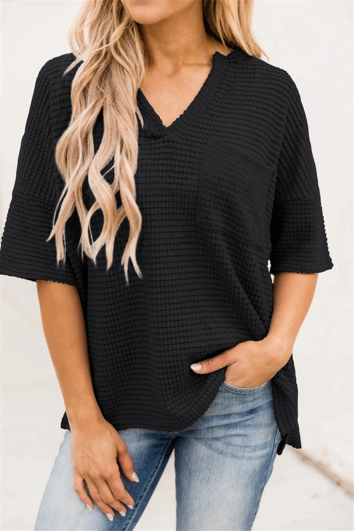 Damen casual V-Ausschnitt Oberteil mit strukturiertem Stoff und Seitennahttaschen EB