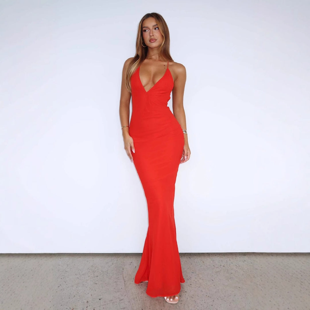 Damen Elegantes Maxikleid mit tiefem V-Ausschnitt und Spaghettiträgern EB