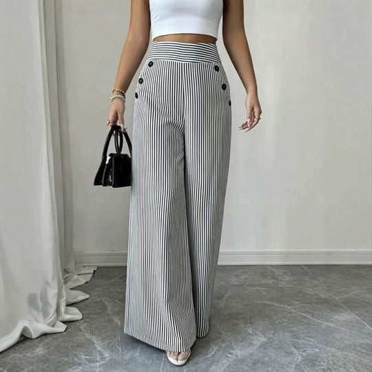 Damen nan hochgeschnittene Palazzo-Hose mit maritimen Knopfdetails und weitem Bein EB