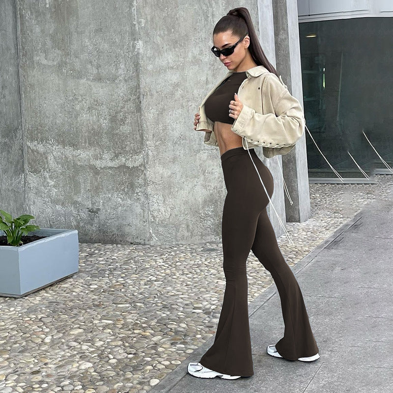 Damen Langarm Cropped Top und Flared Pants Set EB