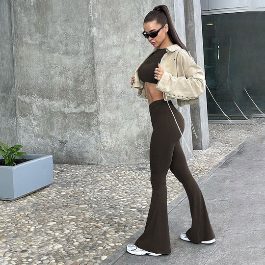 Damen Langarm Cropped Top und Flared Pants Set EB