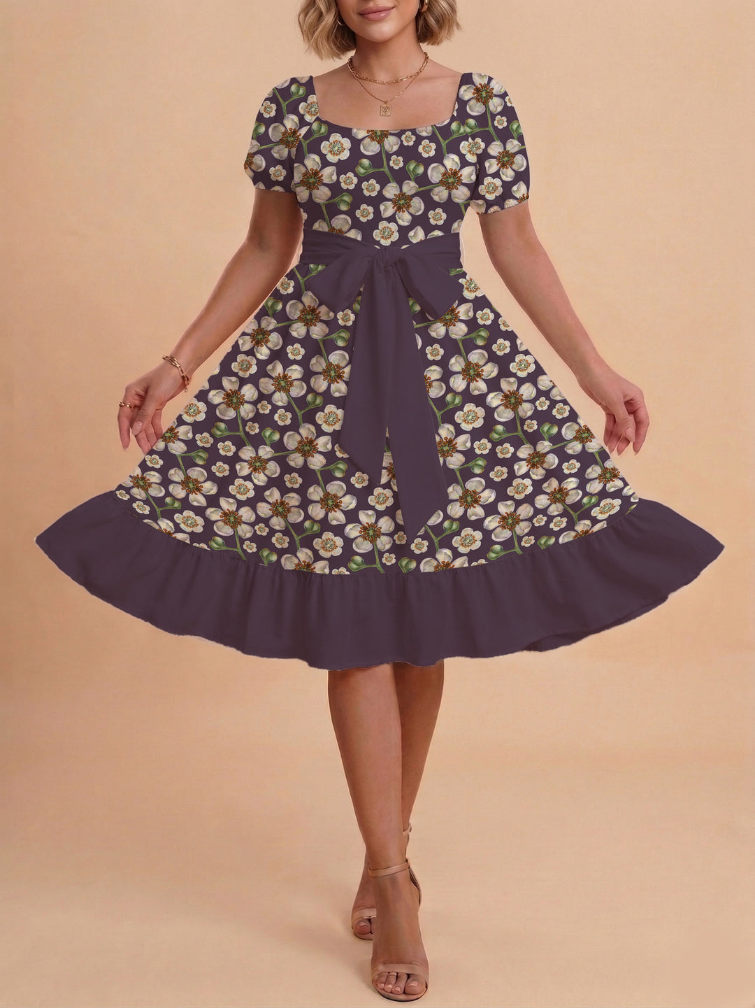 Damen Blumenkleid mit taillierbarem Gürtel und voluminösen Ärmeln EB