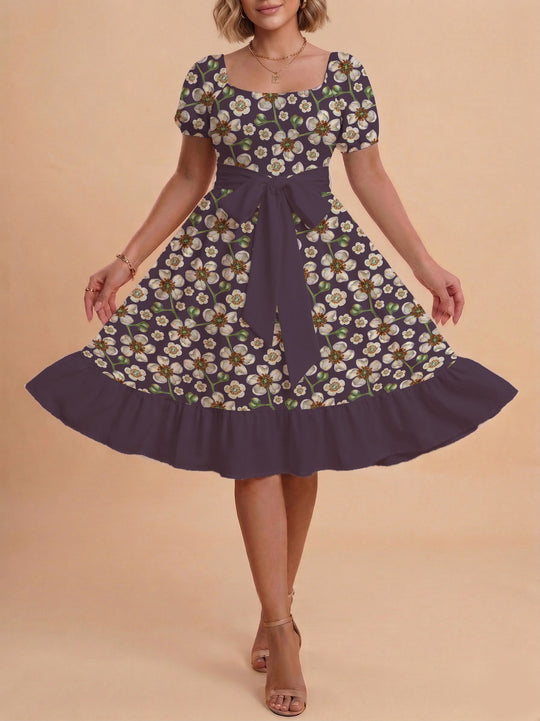 Damen Blumenkleid mit taillierbarem Gürtel und voluminösen Ärmeln EB