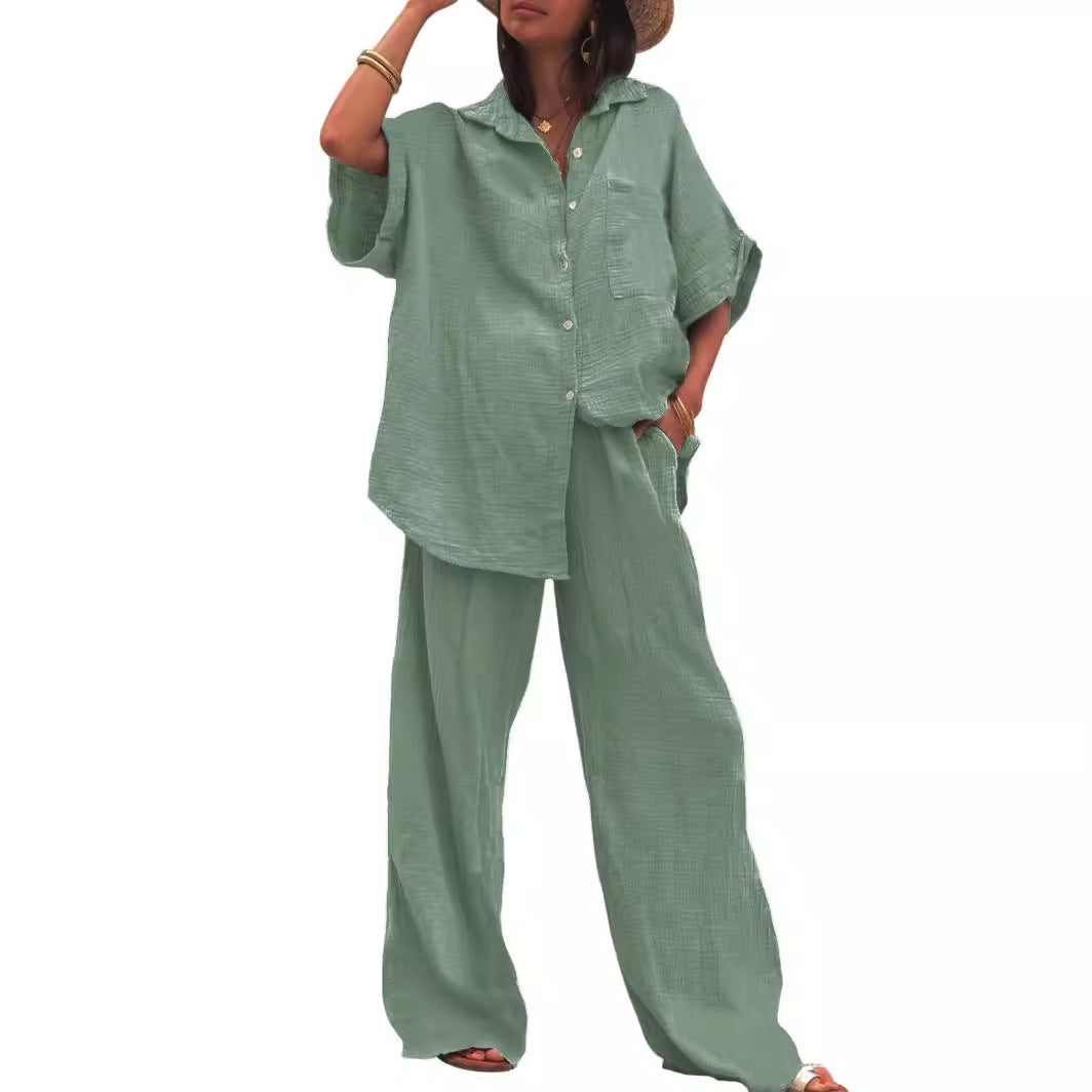 Damen luftiges Oversize-Hemd und weite Hose Set EB