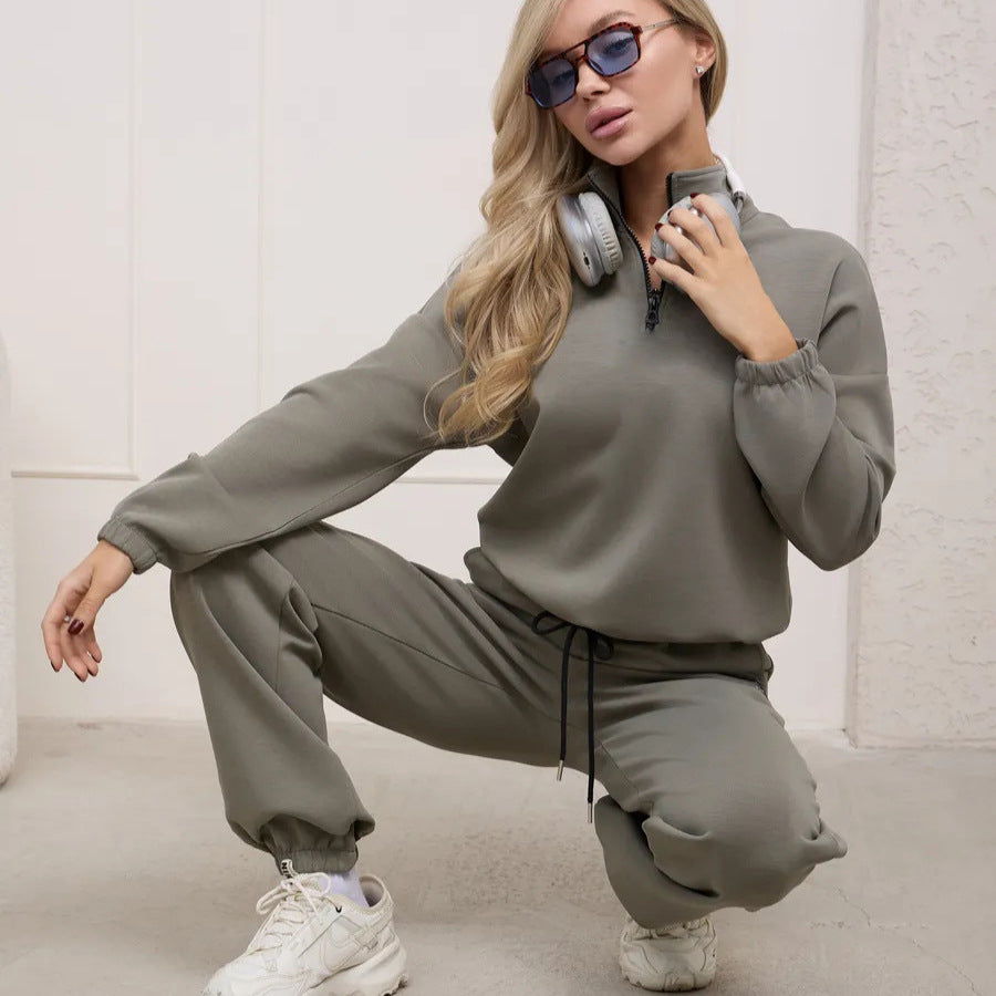 Damen weiches Lounge-Set mit halbem Reißverschluss, Kordelzughose und elastischen Bündchen EB
