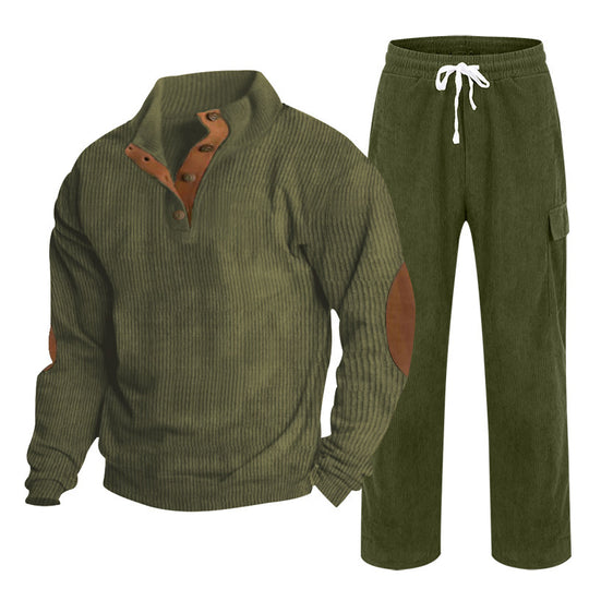 Herren nan Strick-Freizeitset mit Knopfleiste und Ellenbogenaufnähern sowie Cord-Cargohose EB