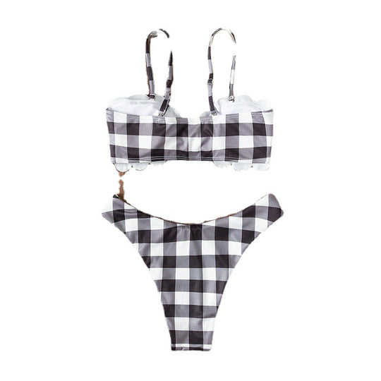 Damen Bandeau-Bikini mit elegantem Rüschendetail und Karomuster EB
