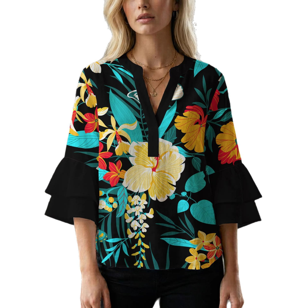 Damen Blusenshirt mit voluminösen Ärmeln und floralem Muster EB