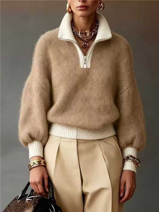 Damen Flauschiger Pullover mit halbem Reißverschluss, Stehkragen und Ballonärmeln EB