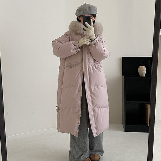 Damen Lange gefütterte Winterjacke mit hochwertigem Kunstfellkragen und praktischen Taschen EB