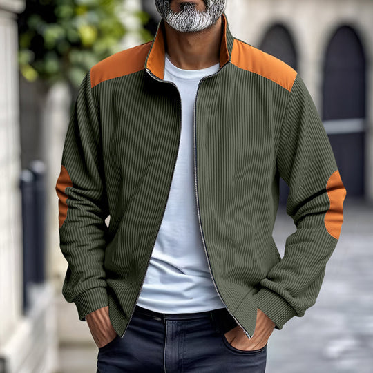 Herren nan gerippte Stehkragen-Sweatjacke mit durchgehendem Reißverschluss, Schulter- und Ellbogen-Patches EB