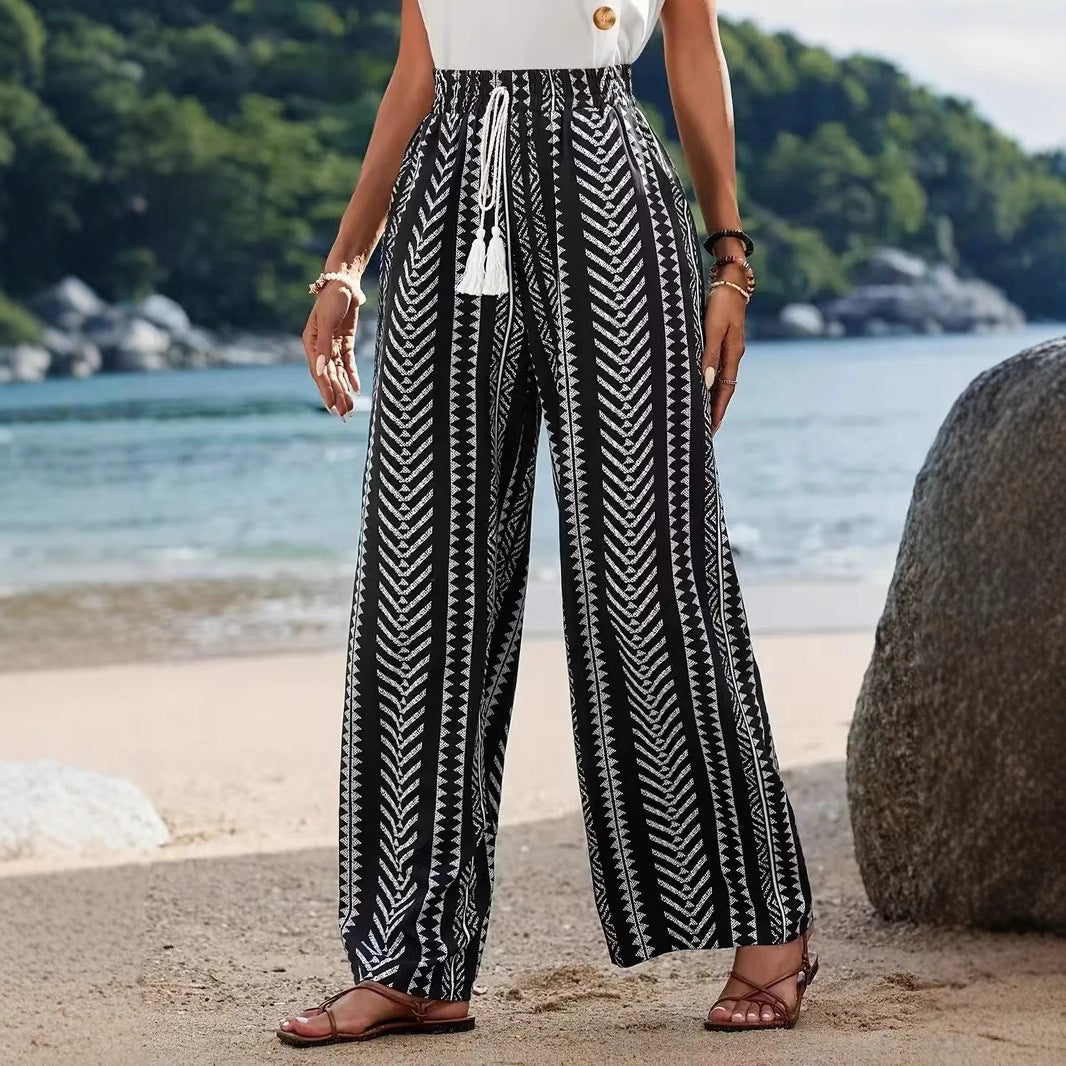 Damen breite Palazzohose mit elastischem Bund und modischem Muster EB