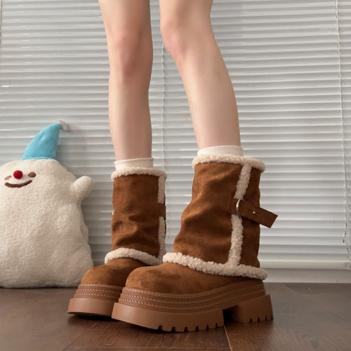Damen kuschelige Winterstiefel mit modischer Schnallenverzierung EB