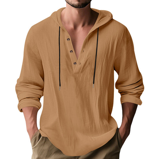 Herren nan lässiges Leinenhemd mit Kapuze und Henley-Knopfleiste EB