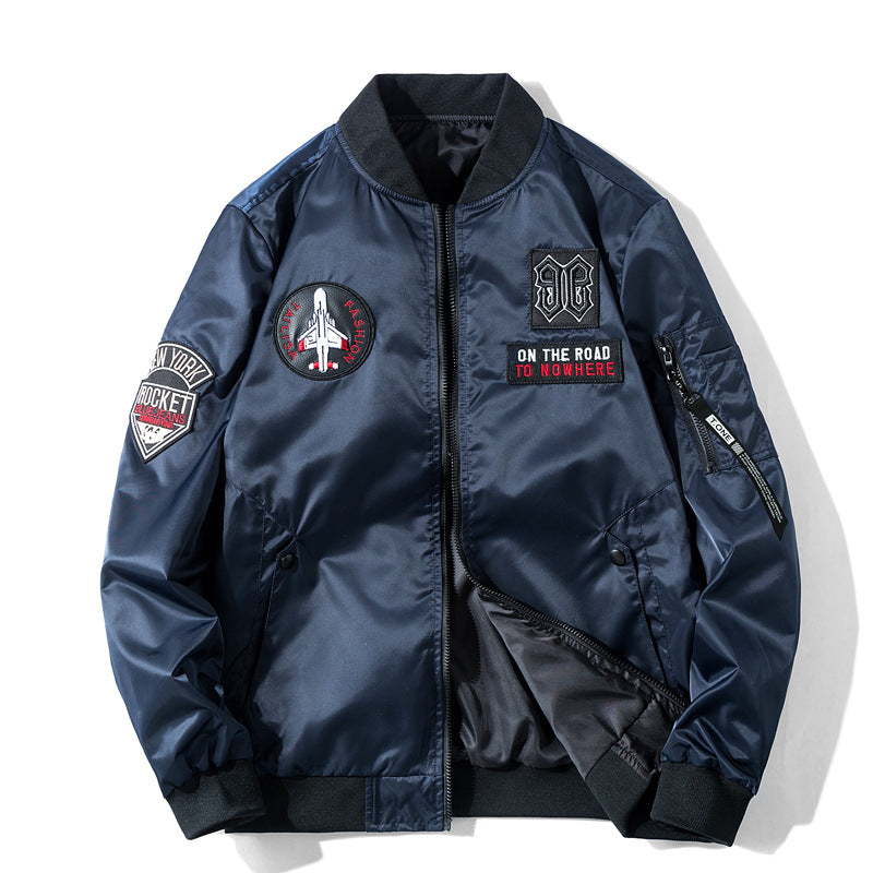 Men's  pilot-style embroidered patch utility bomber jacket with angled welt pockets and zip sleeve pocket EB