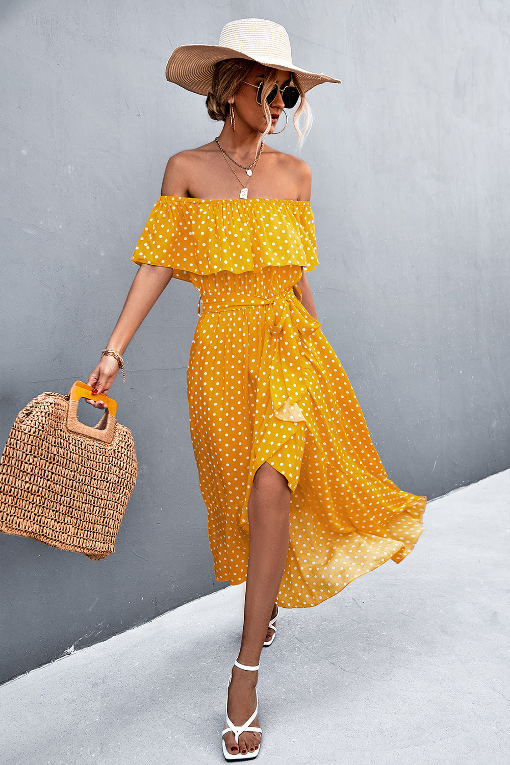 Damen Off-Shoulder Maxikleid mit Rüschendetails und seitlichem Schlitz EB