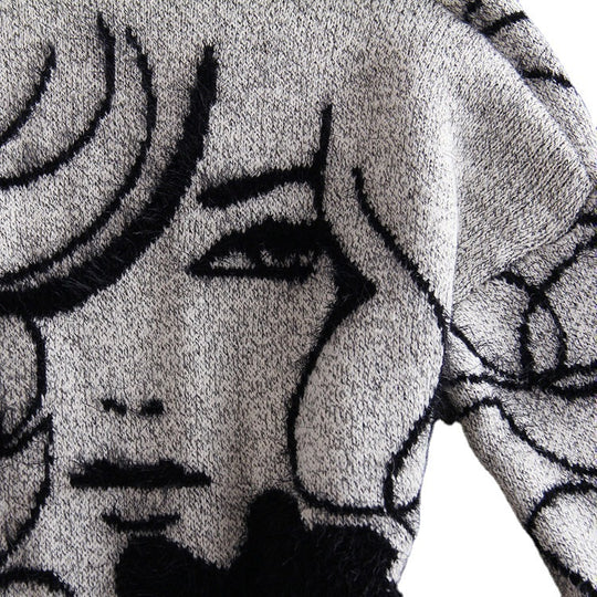 Damen Strickmantel mit künstlerischem Motiv und offener Front EB