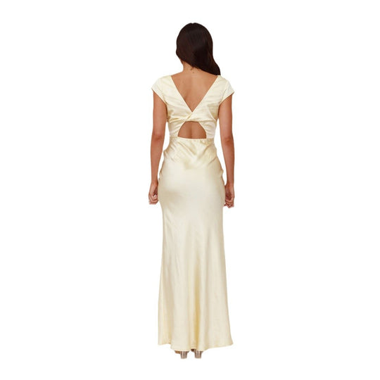 Damen Elegantes Maxikleid mit tiefem V-Ausschnitt und fließendem Satinfall EB